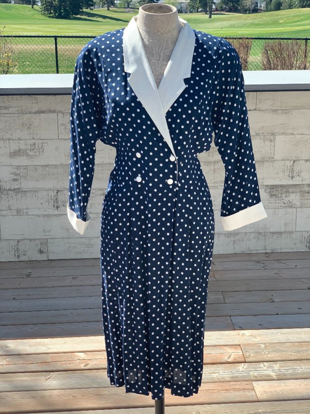 Vintage 90s Polka Dot Dress Navy White Double Breasted Modest Rockabilly Sheath